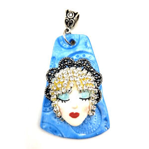 Handcrafted Artisan Flapper Pendant On Blue Rhinestones Beads 2.5" Signed